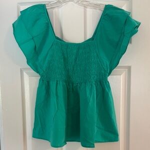 Umgee Green Ruffled Flutter Sleeve Smocked Blouse